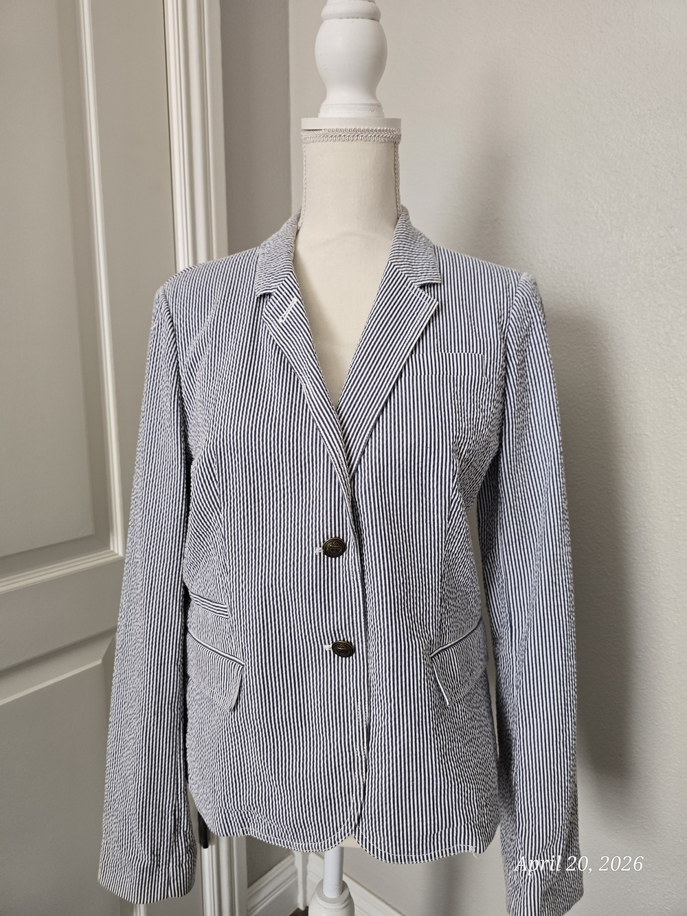 J. Crew Navy and White Seersucker Striped Blazer